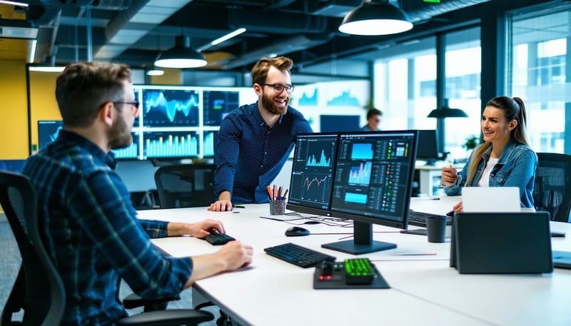 IT professionals collaborating on technology solutions in a modern office IT professionals collaborating on technology solutions in a modern office