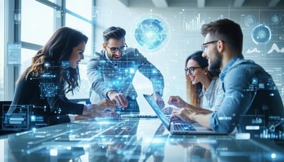 Illustration of technology professionals collaborating on digital solutions Illustration of technology professionals collaborating on digital solutions